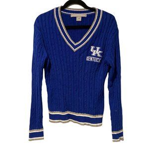 The License House size Large blue knit long sleeve cotton sweater with UK logo
